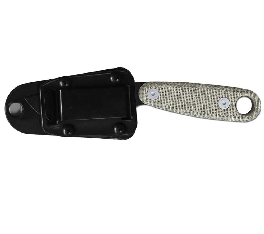 ESEE's Izula 2 Knife comes with a molded polypropylene sheath and belt clip plate plus hardware.