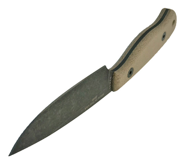 ESEE's JG3 Bushcraft Knife has a flat grind crafted from 1095 carbon steel with a black oxide, stone-washed finish.