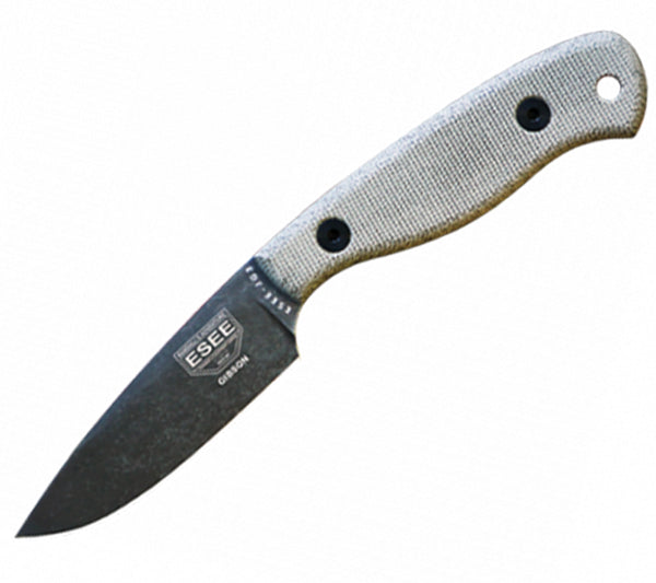 ESEE's JG3 Knife has a black oxide finish and canvas micarta hande scales.
