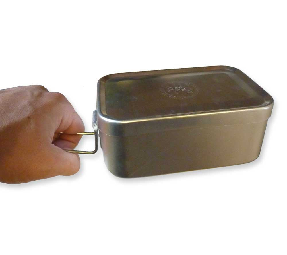 The aluminum mess tin from ESEE Knives has a folding wire handle for use when cooking, boiling water, or melting snow.