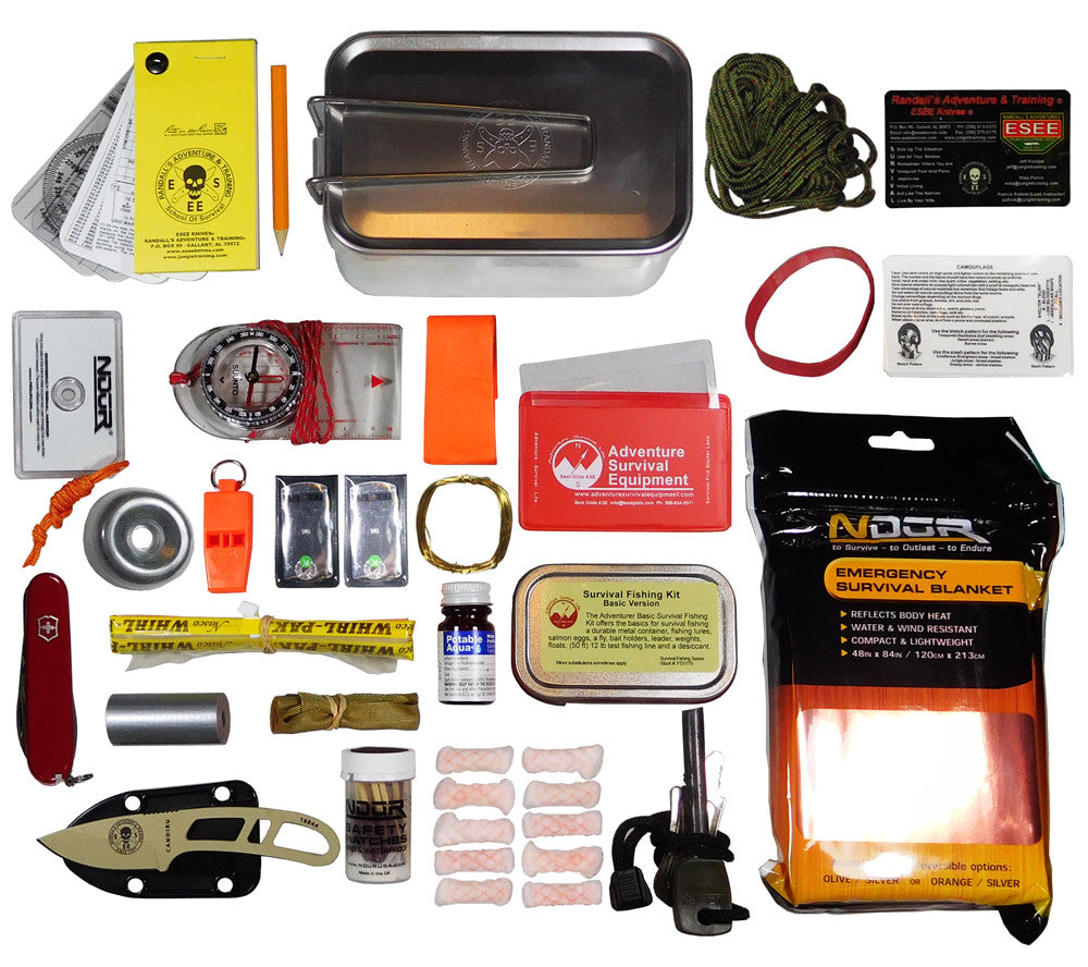Large Tin Survival Kit Contents include an ESEE Candiru Knife, Suunto Compass, Victorinox Hiker Multitool, Pocket Navigation Cards and more.
