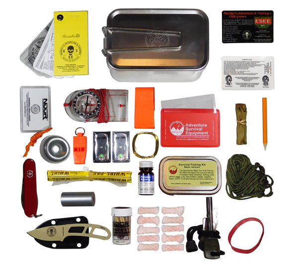 ESEE's Mess Tin Survival Kit contains a range of components for land navigation, fire starting, shelter construction, signaling rescue, treating drinking water and more.