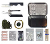 Mini Survival Kit contents include a fishing kit, folding razor, snare wire, LED light, and mirror.