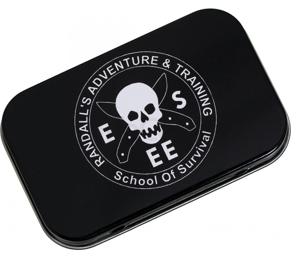 ESEE's Mini Survival Kit comes in an Altoids-sized tin with the Randall's Adventure & Training logo.