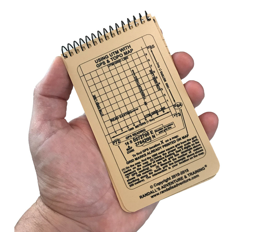 Printed inside the covers of the Survival/Navigation waterproof notebook from ESEE Knives are navigation, survival, and escape and evasion tips and instructions.