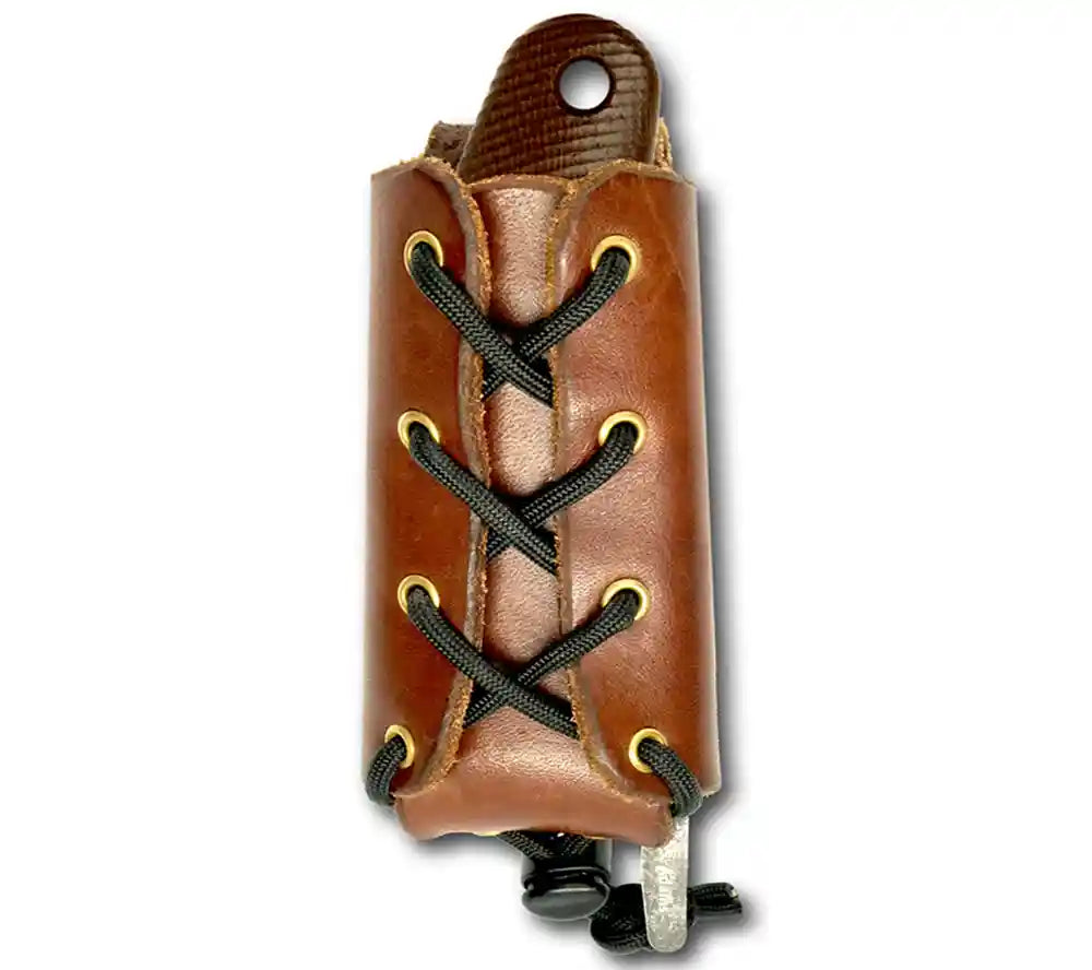 The Pinhoti Friction Folding Knife from ESEE Knives comes with a leather taco sheath.