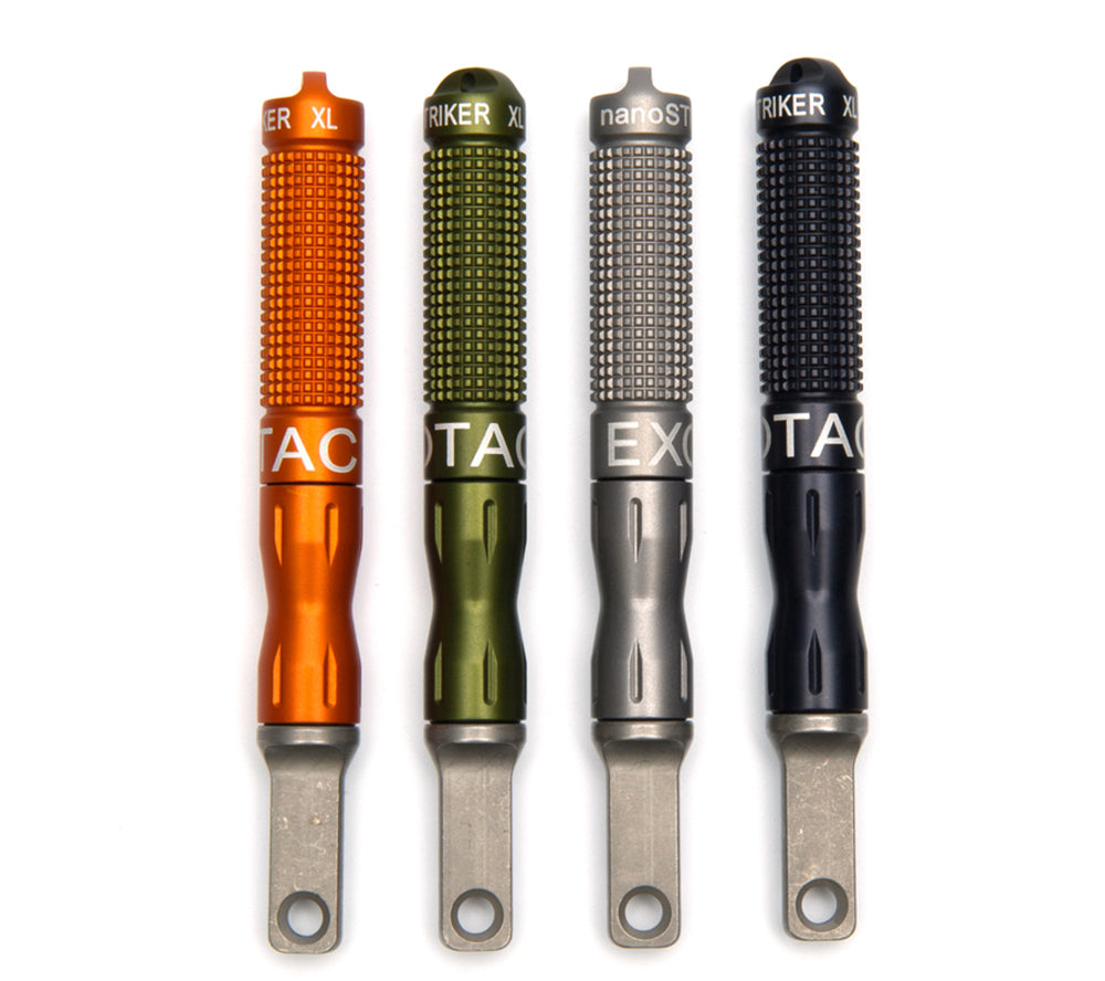 Exotac's nanoSTRIKER XL is available in orange, olive drab green, gunmetal gray, or black.