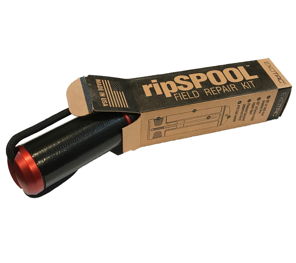 The ripSPOOL ships in a compact cardboard container highlighting its features.