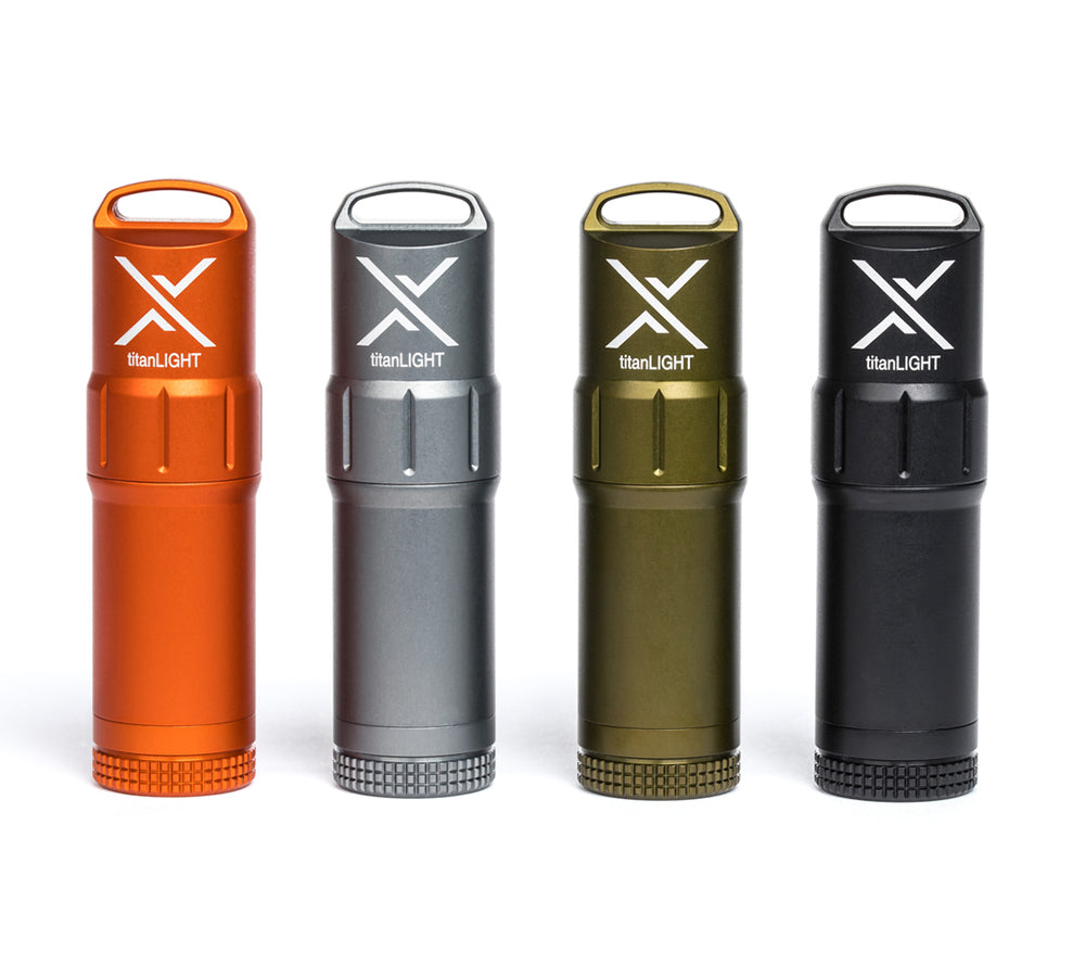 Exotac's titanLIGHT comes in four colors: orange, gunmetal, olive drab, and black.