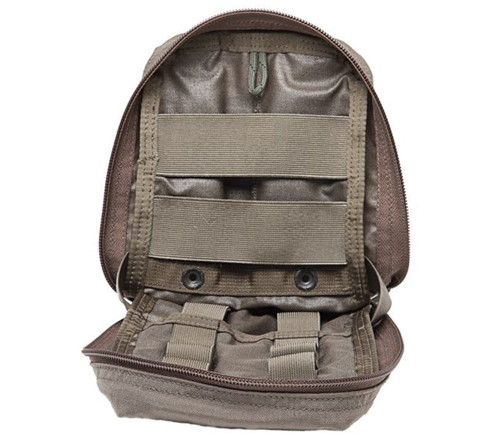 Internal organization in First Spear's SOF Med Pouch includes a slot pocket and double elastic retention loops, plus a dummy loop for gear tethers.