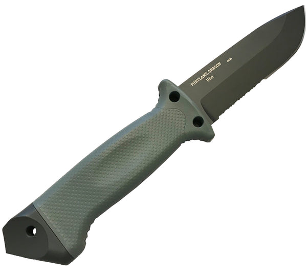 The LMF II ASEK knife handle has an integral glass breaker pommel and lashing holes for incorporating the knife into a spear.