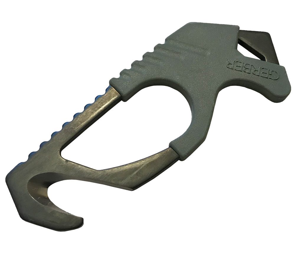 Each Gerber LMF II ASEK Knife comes with a strap cutter tool allowing a downed airman to cut through webbing, straps, cargo netting, and shroud lines. The strap cutter also has a glass breaker pommel.