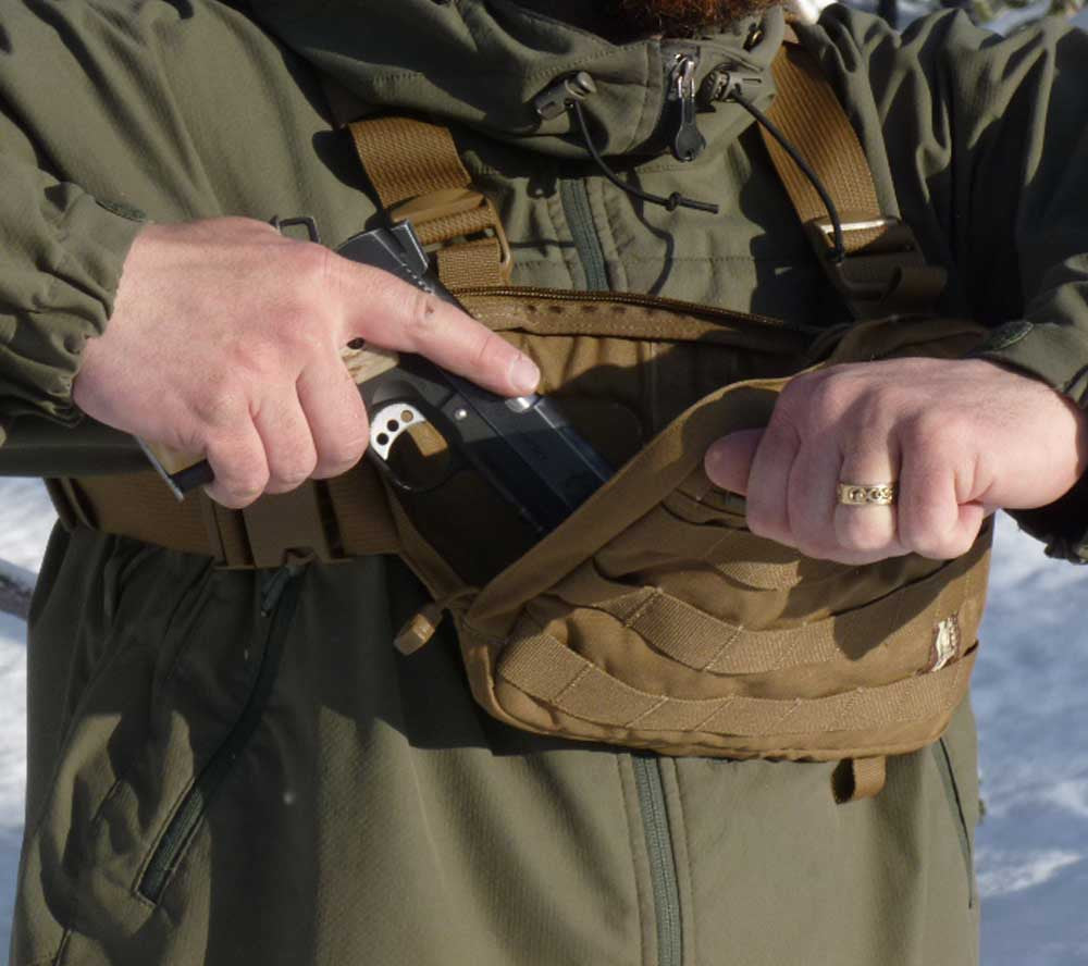 Quick and easy access concealed carry pocket.