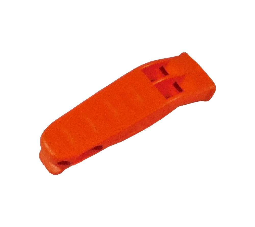 Each orange impact plastic whistle has a lanyard hole and pocket clip for easy carry.