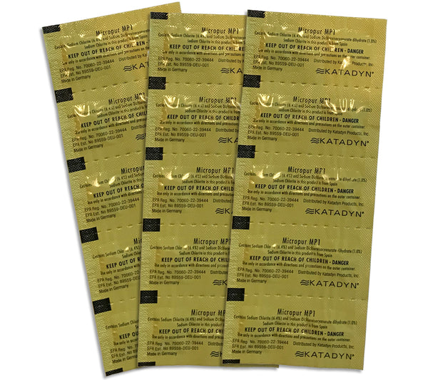 Katadyn's chlorine dioxide water purification tablets are called Micropur, and are available in 20 or 30 packs.