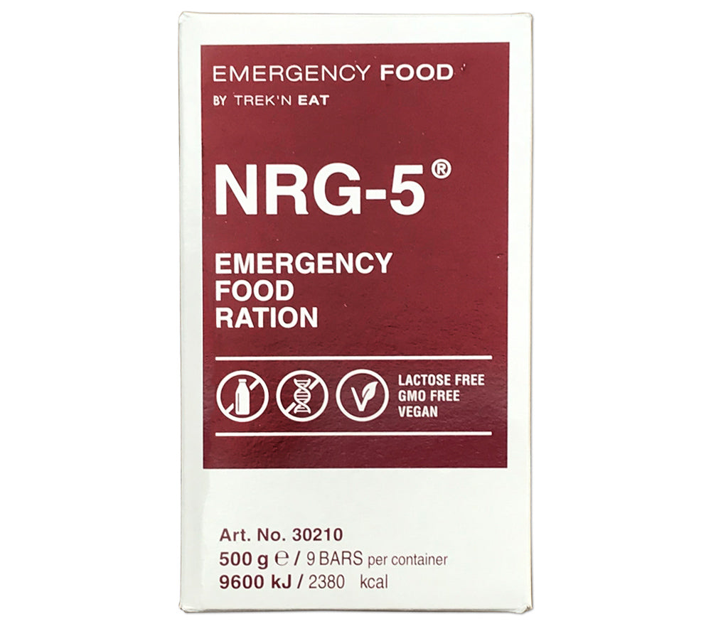 A NRG-5 Emergency Food Ration pack contains over 2300 calories plus a range of vitamins and minerals.