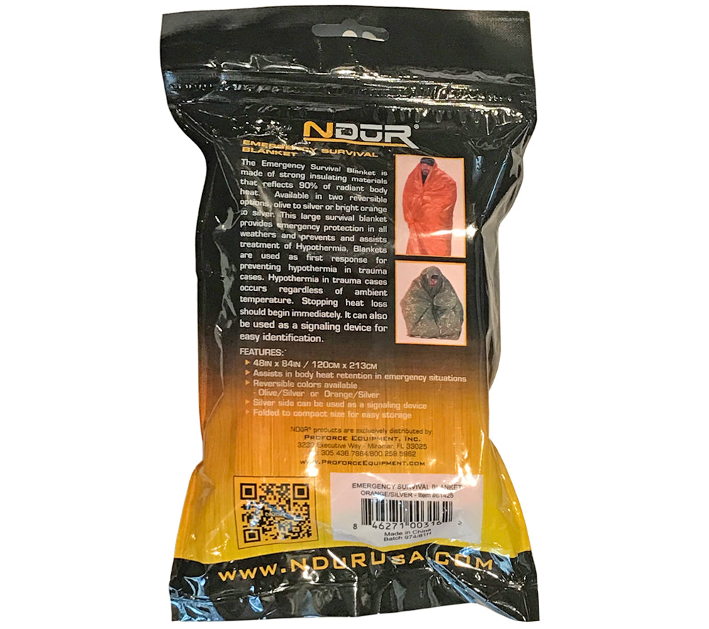 NDUR's Emergency Survival Blanket measures 48x84 in. and weighs 3.7 oz.