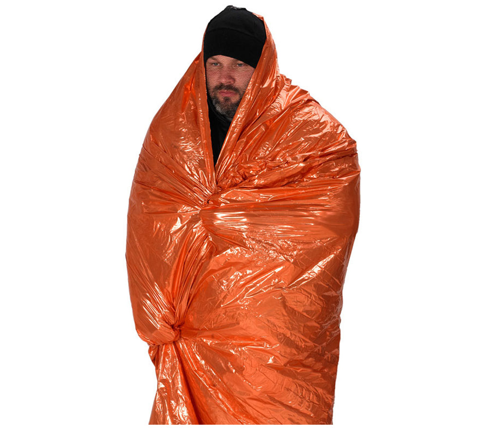 The High Visibility Orange Survival Blanket from NDUR protects you from hypothermia and shock and can be used to signal rescuers.