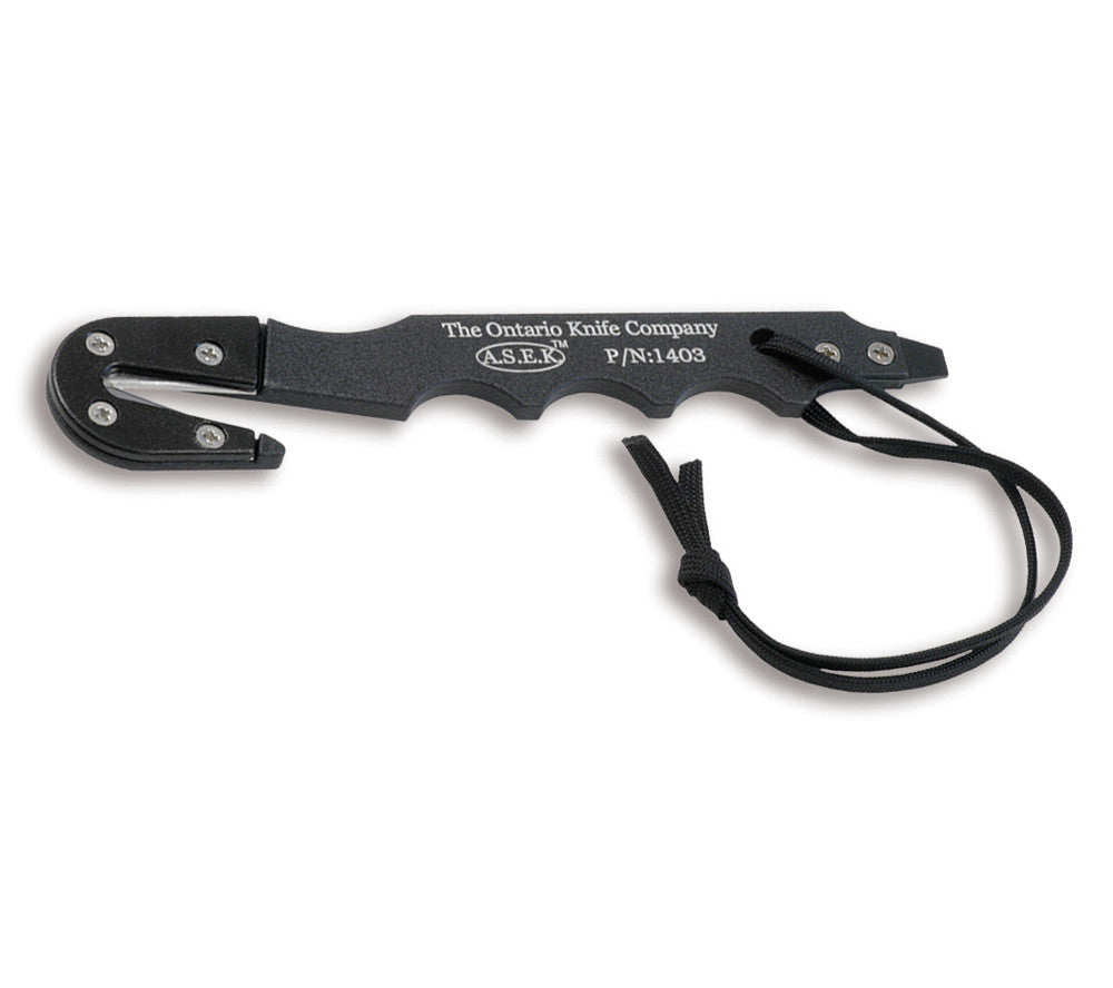 Ontario Knife Company ASEK Strap Cutter is an emergency vehicle egress tool issued to military pilots as part of their survival equipment.