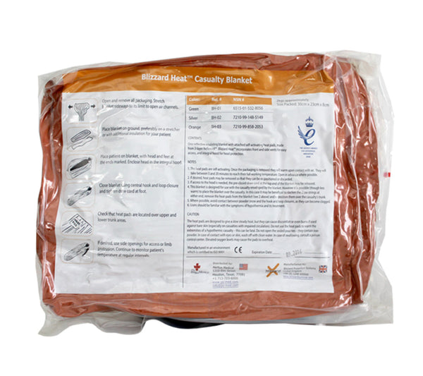 The Blizzard AMB Blanket is able to stabilize victims of hypothermia while still outside of a hospital. Instructions are printed on the front of the packaging.