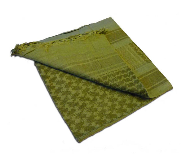 The foliage-colored shemagh is a light green color with darker green pattern.