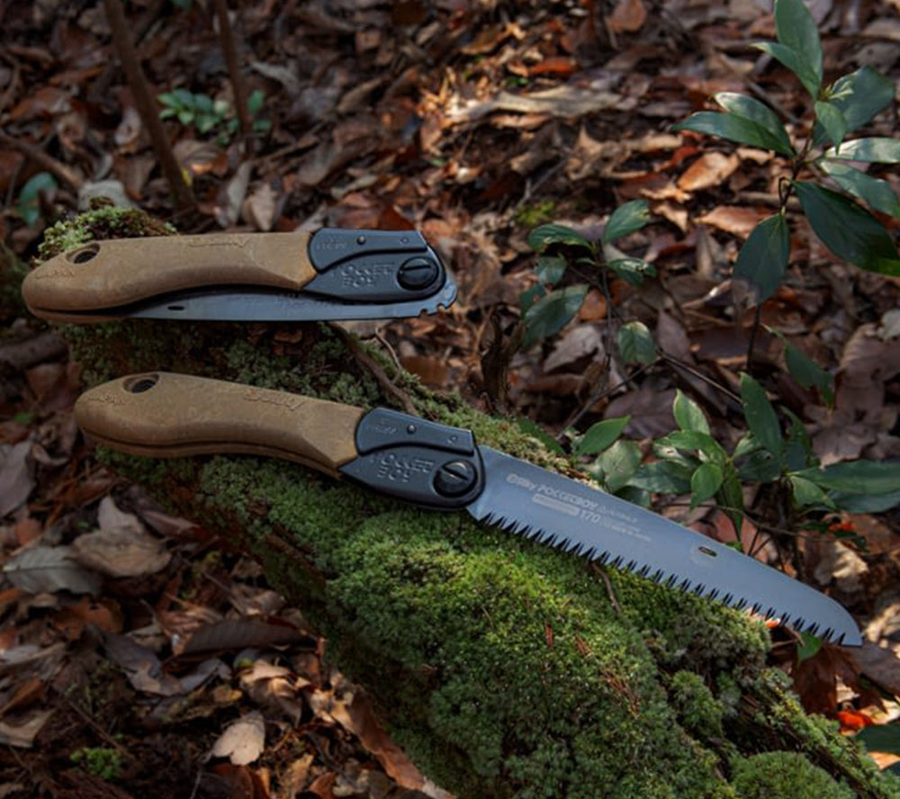 The Pocketboy Pro Folding Saw in the open/locked position and folded for transport.