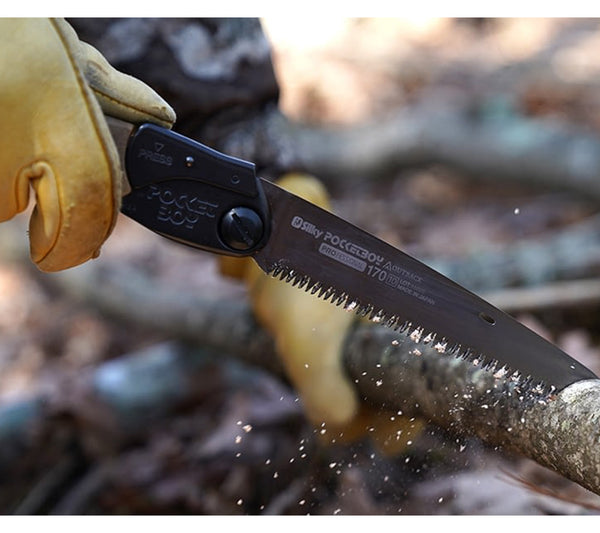 Cutting small logs, branches, and saplings is easy with the Silky Outback Pocketboy Pro folding saw.