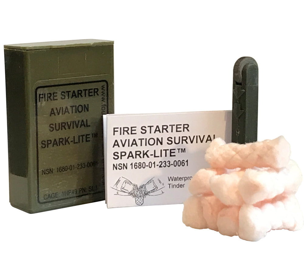 Olive Drab Spark-Lite Fire Starting Kit with treated compressed cotton TinderQuik tabs and weather resistant plastic container.