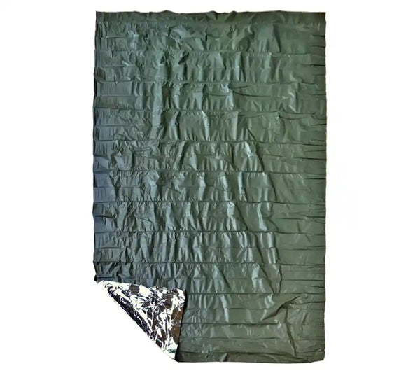 The mil-spec Type II Casualty Blanket has a non-reflective olive drab side and a a reflective silver side to retain body heat and obscure IR signature.