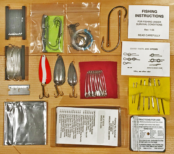 Showing the Shark Hooks, Regular Fishing Hooks, Treble Hooks, Sailmaker's Needles, Fishing Line, Lures, and more that are included in the 5col Fishing Kit, Survival, MIL-F-6218.