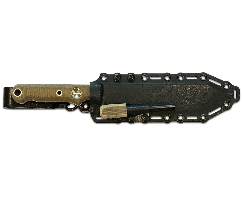 Sheath is designed with dangler loop for easy belt access and removable kydex loop for ferro rod transportation.